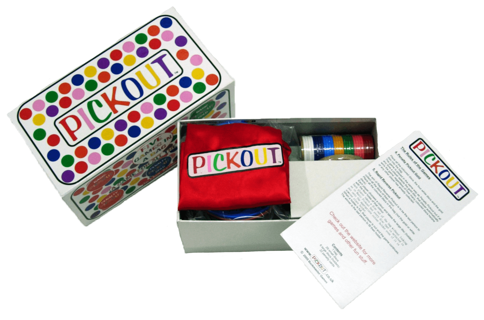 Boxed game of Pickout including bag, discs, instructions and holders.